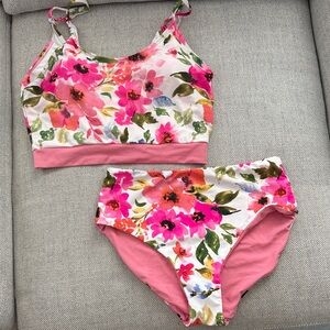 Coral Reef Floral Bikini Set - Pink and Green with reversible bottoms